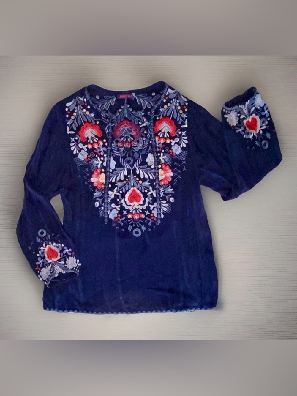 JOHNNY WAS Bisma Embroidered Long Sleeve V-Neck Boho Tunic Top | L
